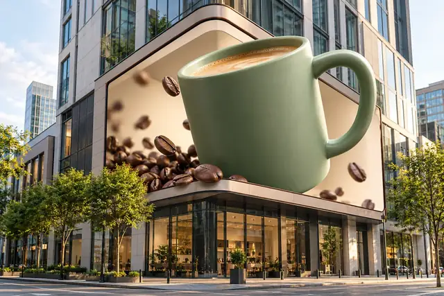 Beispielvisualisierung: Eine Tasse scheint plastisch aus einem Fassadenplakat hervorzutreten.