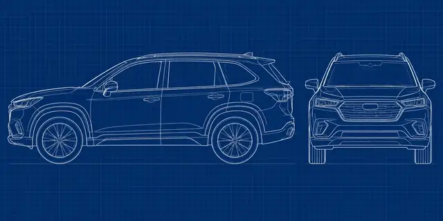 Beispielvisualisierung: Ein SUV erscheint als schematische Linienzeichnung auf blauem Grund, ohne erfundene Maßangaben.