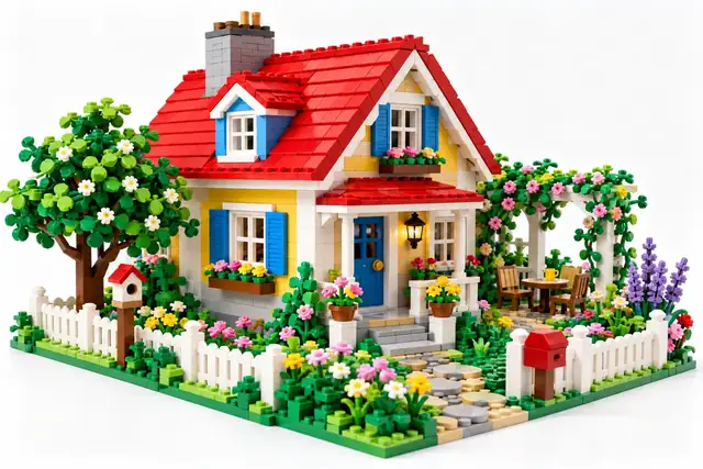 Beispielvisualisierung: Ein Haus erscheint als Bausteinmodell mit kleinen Fenstern und Garten.