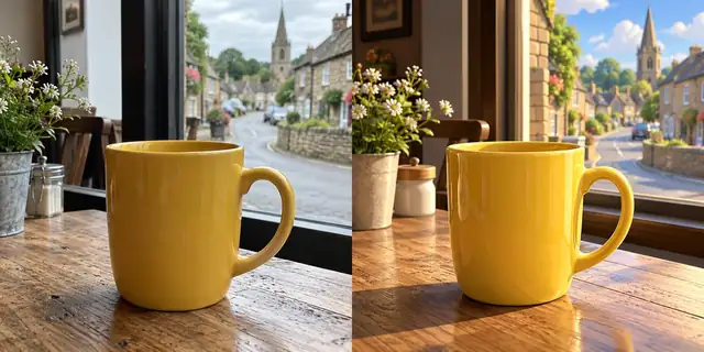 Beispielvisualisierung: Vorher: neutrales Ausgangsfoto. Nachher: Räumlich gerendert.