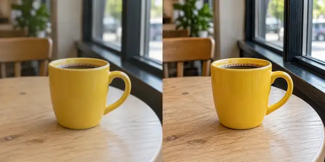 Beispielvisualisierung: Vorher: neutrales Ausgangsfoto. Nachher: Detailreicher Fotolook.