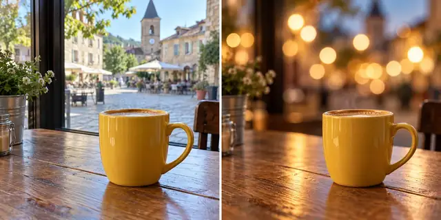 Beispielvisualisierung: Vorher: neutrales Ausgangsfoto. Nachher: Lichter werden weich.