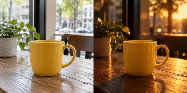 Beispielvisualisierung: Vorher: neutrales Ausgangsfoto. Nachher: Wie eine Filmszene.