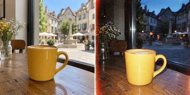 Beispielvisualisierung: Vorher: neutrales Ausgangsfoto. Nachher: Wie mit der Einwegkamera.
