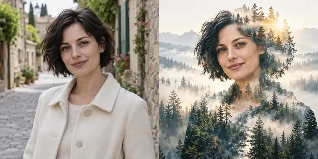 Beispielvisualisierung: Vorher: neutrales Ausgangsfoto. Nachher: Zwei Bilder, ein Motiv.