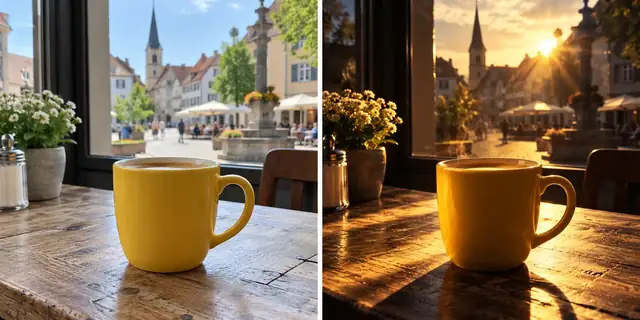 Beispielvisualisierung: Vorher: neutrales Ausgangsfoto. Nachher: Licht mit Drama.