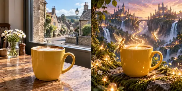 Beispielvisualisierung: Vorher: neutrales Ausgangsfoto. Nachher: Eine fantastische Welt.