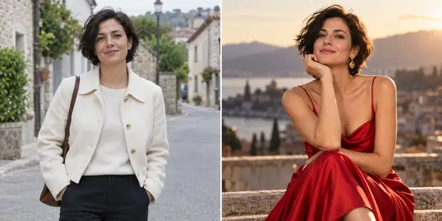 Beispielvisualisierung: Vorher: neutrales Ausgangsfoto. Nachher: Ein Fashion-Moment.