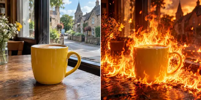 Beispielvisualisierung: Vorher: neutrales Ausgangsfoto. Nachher: Licht aus Flammen.