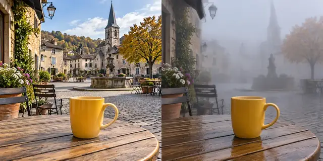 Beispielvisualisierung: Vorher: neutrales Ausgangsfoto. Nachher: Mitten im Nebel.
