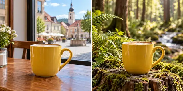 Beispielvisualisierung: Vorher: neutrales Ausgangsfoto. Nachher: Zwischen den Bäumen.