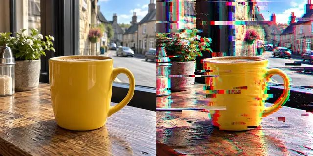 Beispielvisualisierung: Vorher: neutrales Ausgangsfoto. Nachher: Ein digitaler Bruch.