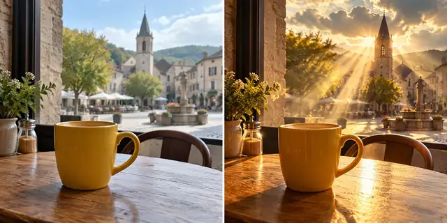 Beispielvisualisierung: Vorher: neutrales Ausgangsfoto. Nachher: Sonnenstrahlen im Raum.