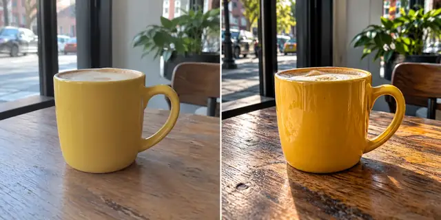 Beispielvisualisierung: Vorher: neutrales Ausgangsfoto. Nachher: Natürlich und scharf.