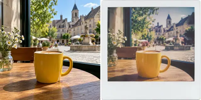 Beispielvisualisierung: Vorher: neutrales Ausgangsfoto. Nachher: Ein spontanes Sofortbild.