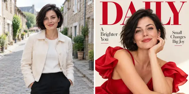Beispielvisualisierung: Vorher: neutrales Ausgangsfoto. Nachher: Dein Motiv auf dem Cover.