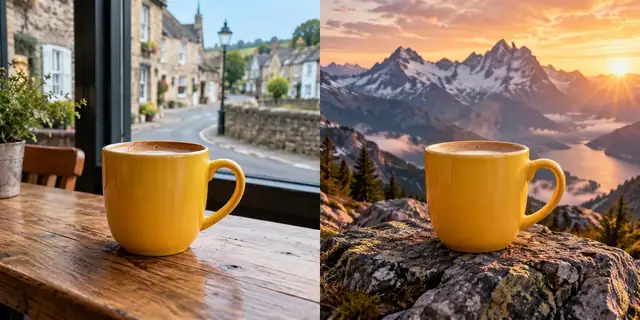 Beispielvisualisierung: Vorher: neutrales Ausgangsfoto. Nachher: Vor einer Bergkulisse.