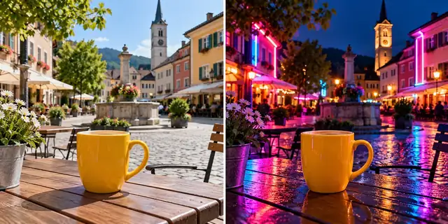Beispielvisualisierung: Vorher: neutrales Ausgangsfoto. Nachher: Licht in Neonfarben.