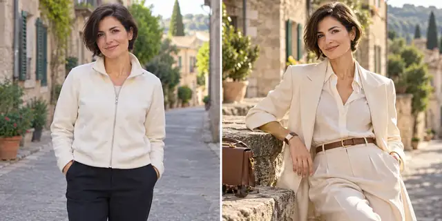 Beispielvisualisierung: Vorher: neutrales Ausgangsfoto. Nachher: Zeitlose Eleganz.