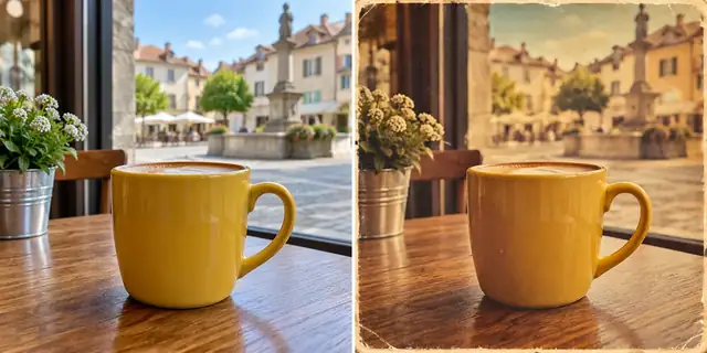 Beispielvisualisierung: Vorher: neutrales Ausgangsfoto. Nachher: Zurück in die Retrozeit.
