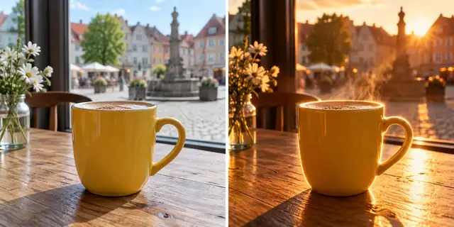 Beispielvisualisierung: Vorher: neutrales Ausgangsfoto. Nachher: Eine leuchtende Kontur.