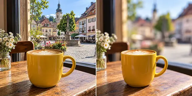 Beispielvisualisierung: Vorher: neutrales Ausgangsfoto. Nachher: Motiv scharf, Hintergrund weich.