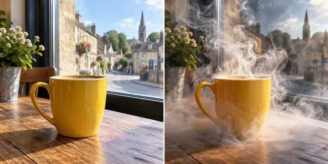 Beispielvisualisierung: Vorher: neutrales Ausgangsfoto. Nachher: Atmosphäre aus Rauch.