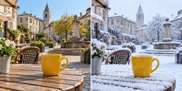 Beispielvisualisierung: Vorher: neutrales Ausgangsfoto. Nachher: Winter für dein Motiv.