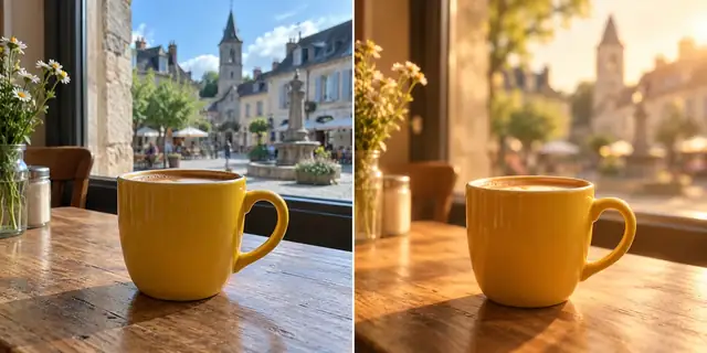 Beispielvisualisierung: Vorher: neutrales Ausgangsfoto. Nachher: Sanftes Licht.