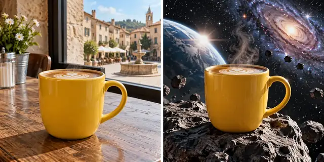 Beispielvisualisierung: Vorher: neutrales Ausgangsfoto. Nachher: Dein Motiv im All.