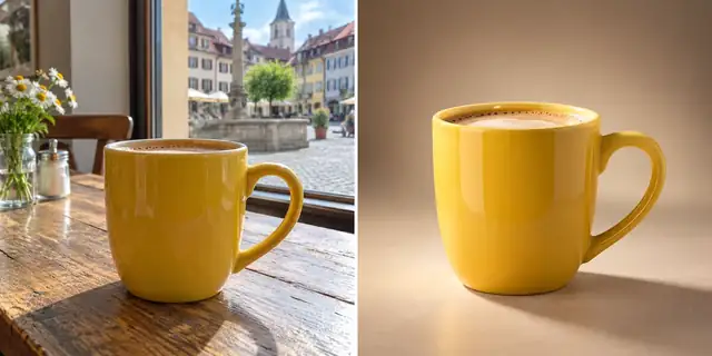 Beispielvisualisierung: Vorher: neutrales Ausgangsfoto. Nachher: Wie im Fotostudio.