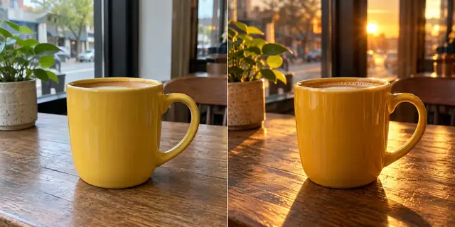 Beispielvisualisierung: Vorher: neutrales Ausgangsfoto. Nachher: Wie echt fotografiert.