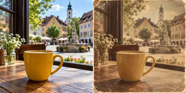 Beispielvisualisierung: Vorher: neutrales Ausgangsfoto. Nachher: Ein klassischer Fotolook.