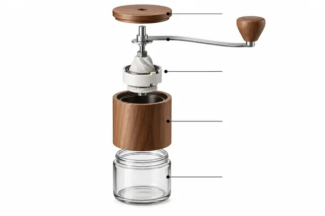 Beispielvisualisierung: Eine Kaffeemühle zeigt Deckel, Kurbel, Mahlwerk, Holzgehäuse und Auffangglas getrennt angeordnet.