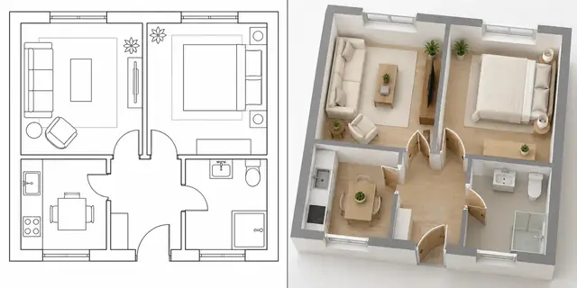 Beispielvisualisierung: Ein Grundriss wird als schematische, möblierte Ansicht von oben dargestellt.
