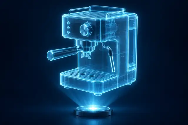 Beispielvisualisierung: Eine Espressomaschine erscheint als leuchtendes blaues Hologramm.