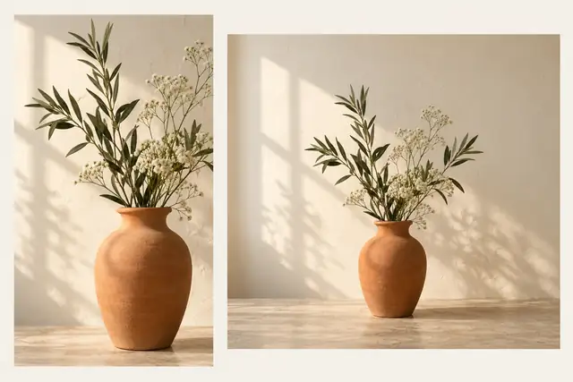 Beispielvisualisierung: Das Bild ist quadratisch. Die ganze Vase bleibt sichtbar; die seitlichen Flächen werden passend zum vorhandenen Hintergrund ergänzt.