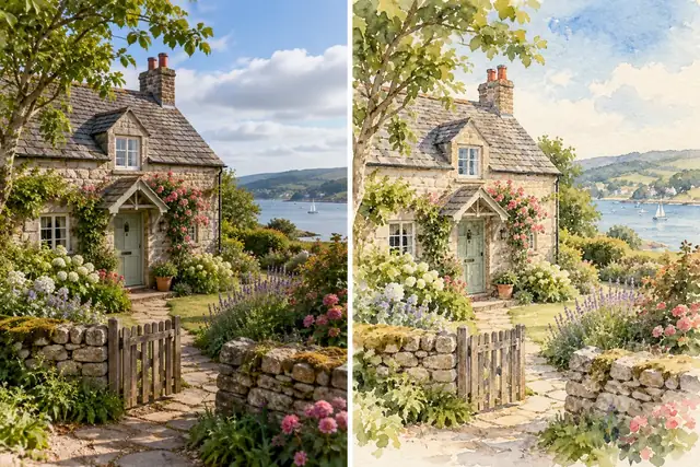 Beispielvisualisierung: Haus und Garten erscheinen als Aquarellillustration mit weichen Farbflächen und sichtbarer Papierstruktur. Der ursprüngliche Bildaufbau bleibt erkennbar.