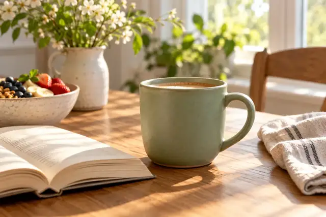 Beispielvisualisierung: Eine Tasse steht auf einem Frühstückstisch im natürlichen Morgenlicht.