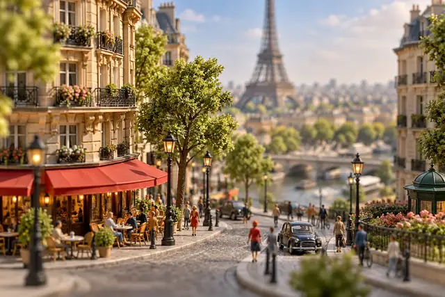 Beispielvisualisierung: Eine Pariser Straße wirkt wie eine detailreiche Miniaturwelt mit kleinen Figuren.