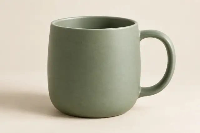 Beispielvisualisierung: Eine grüne Keramiktasse steht vor einem neutralen Studiohintergrund mit weichem Licht.