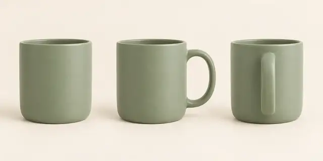 Beispielvisualisierung: Eine Tasse wird aus drei Blickrichtungen gezeigt: von vorne, seitlich und von hinten.