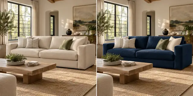 Beispielvisualisierung: Das Sofa ist dunkelblau. Stoffstruktur, Falten und Schatten bleiben sichtbar; Wand und übrige Einrichtung behalten ihre Farben.