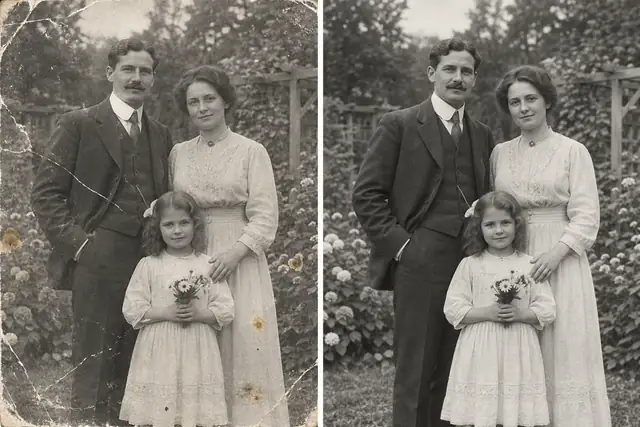 Beispielvisualisierung: Das Foto zeigt weniger sichtbare Kratzer und Flecken. Sein ursprünglicher Look bleibt erhalten; unklare Gesichtsdetails sollen nicht neu erfunden werden.