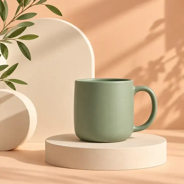 Beispielvisualisierung: Eine Tasse steht vor einem warmen, grafischen Hintergrund. Überschrift: „Dein Moment am Morgen“. Handlungsaufforderung: „Jetzt entdecken“.
