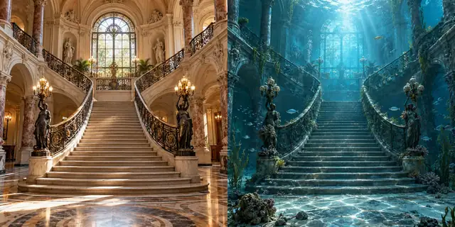 Beispielvisualisierung: Vorher: eine historische Treppe. Nachher: dieselbe Treppe unter Wasser.